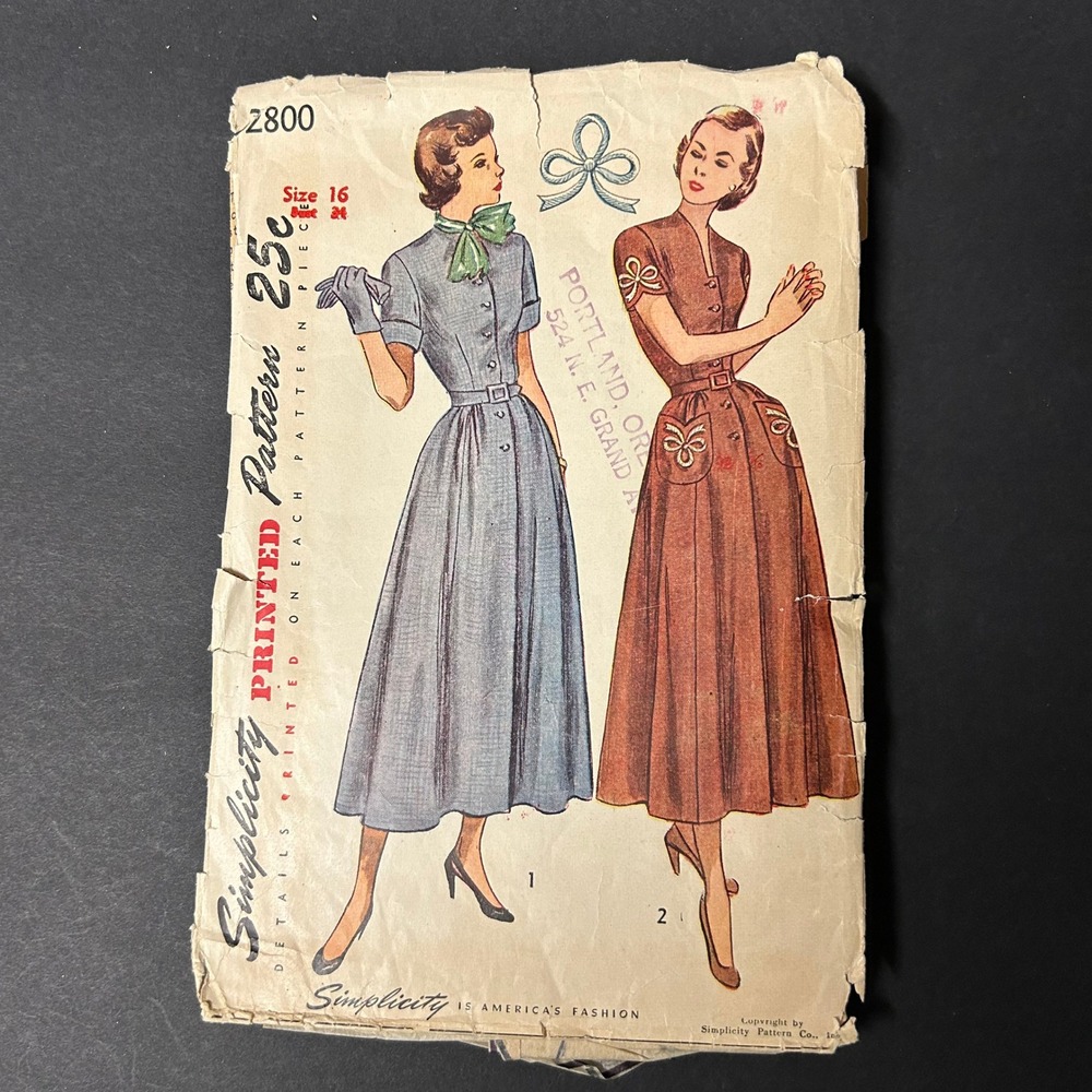 Vintage 40s-50s Simplicity 2800 Sewing Pattern Women Fit and Flare Dress Size 16